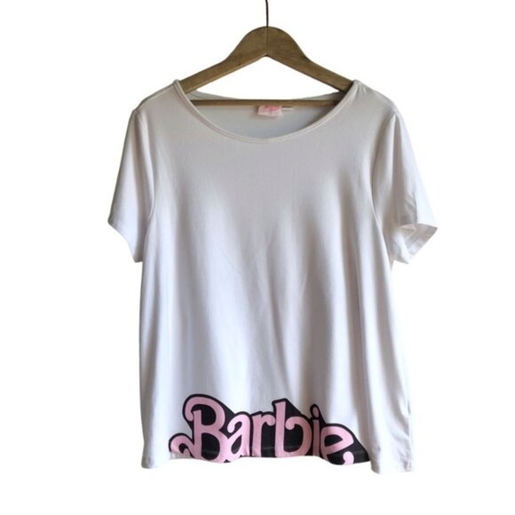 Barbie Tops - Barbie Tee Shirt Large White Pink Logo Font Short Sleeve
